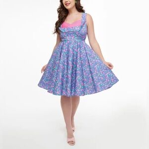 Dolly Dotty - Grace Purple Pleated Dress in Flamingo Leaf Print - 14